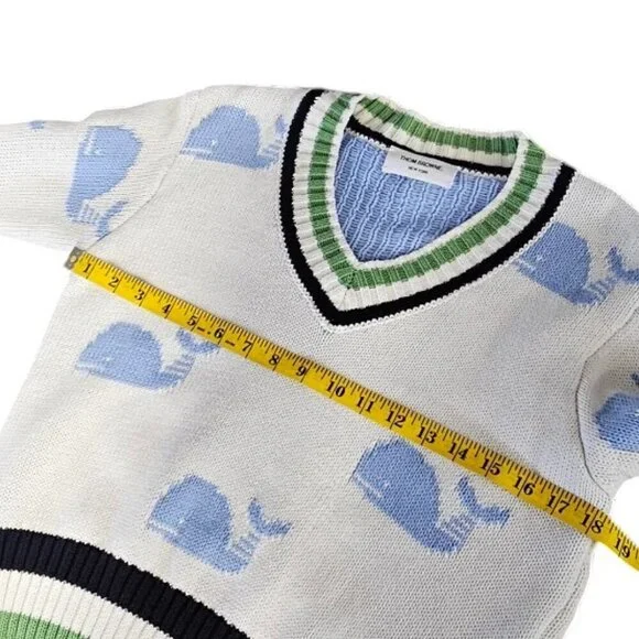 Thom Browne Womens V-Neck Whale Knit Cotton Sweater, Striped, Size 36 - Picture 4 of 11